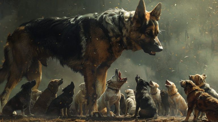 Big dog standing above a pack of smaller dogs