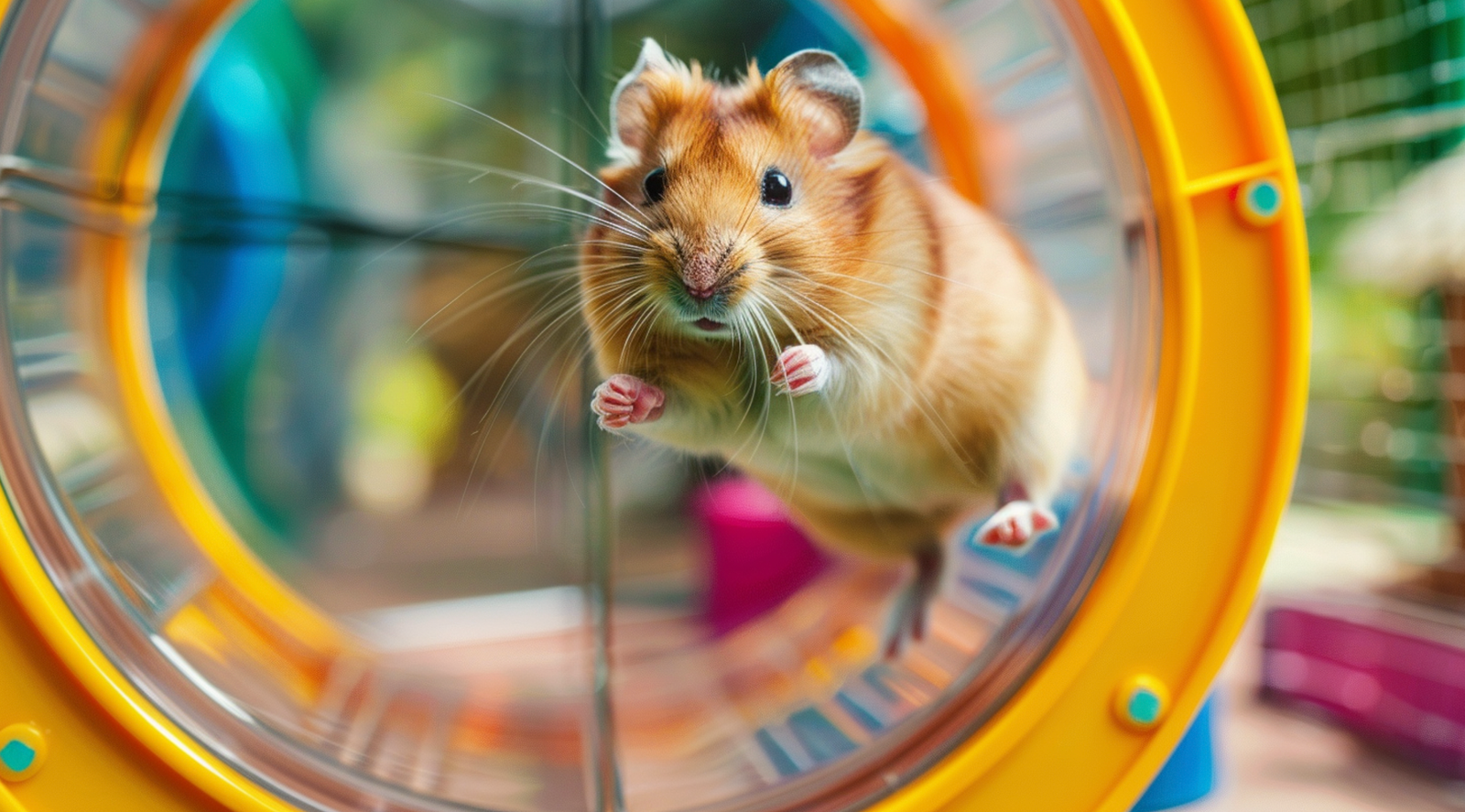 Hamster on plastic cage wheel