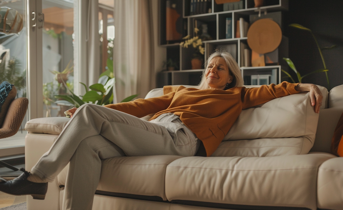 Female relaxing on sofa in a modern living room